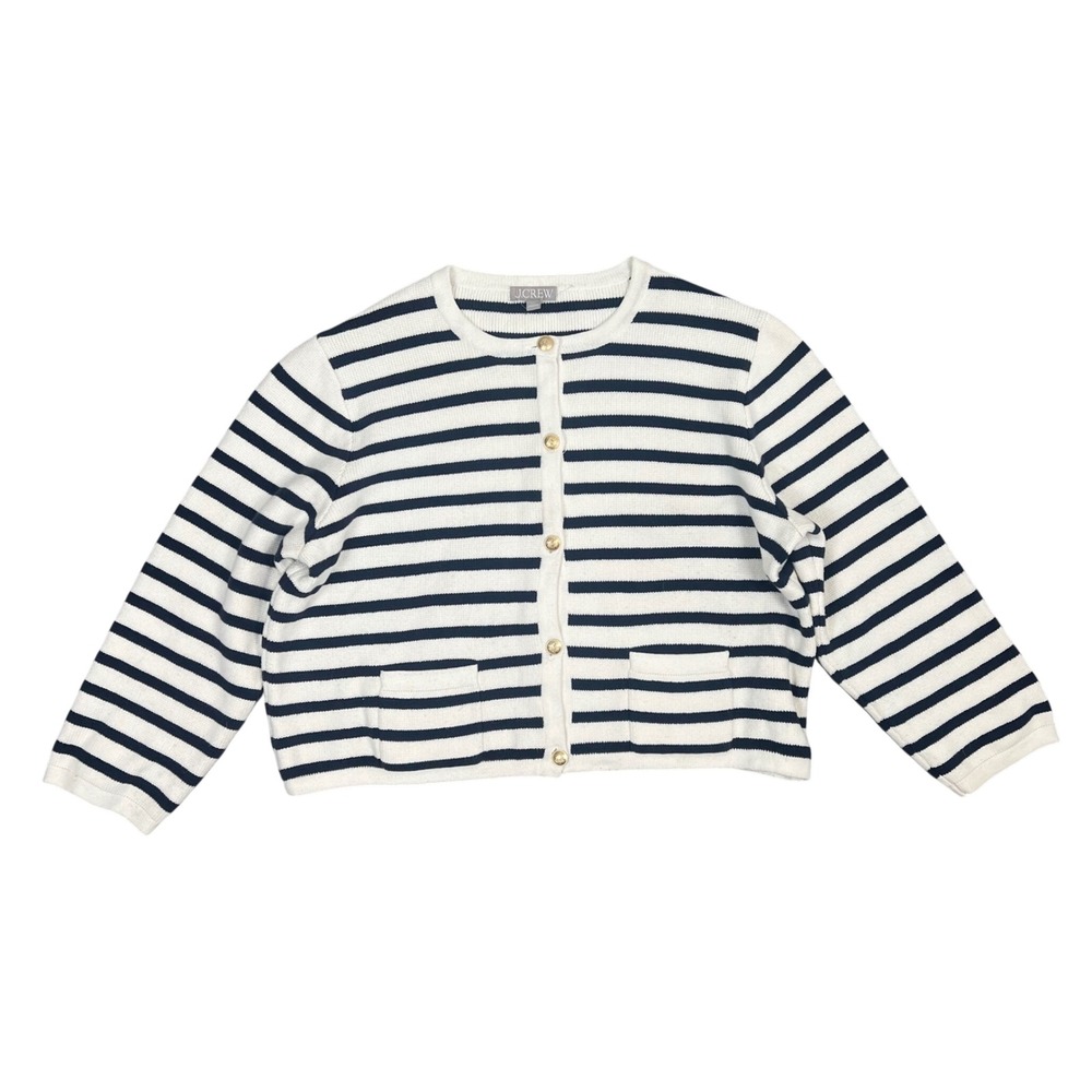 J.Crew Emilie Pocket Cotton Cardigan XXL Navy White Striped Marine‎ Coastal
